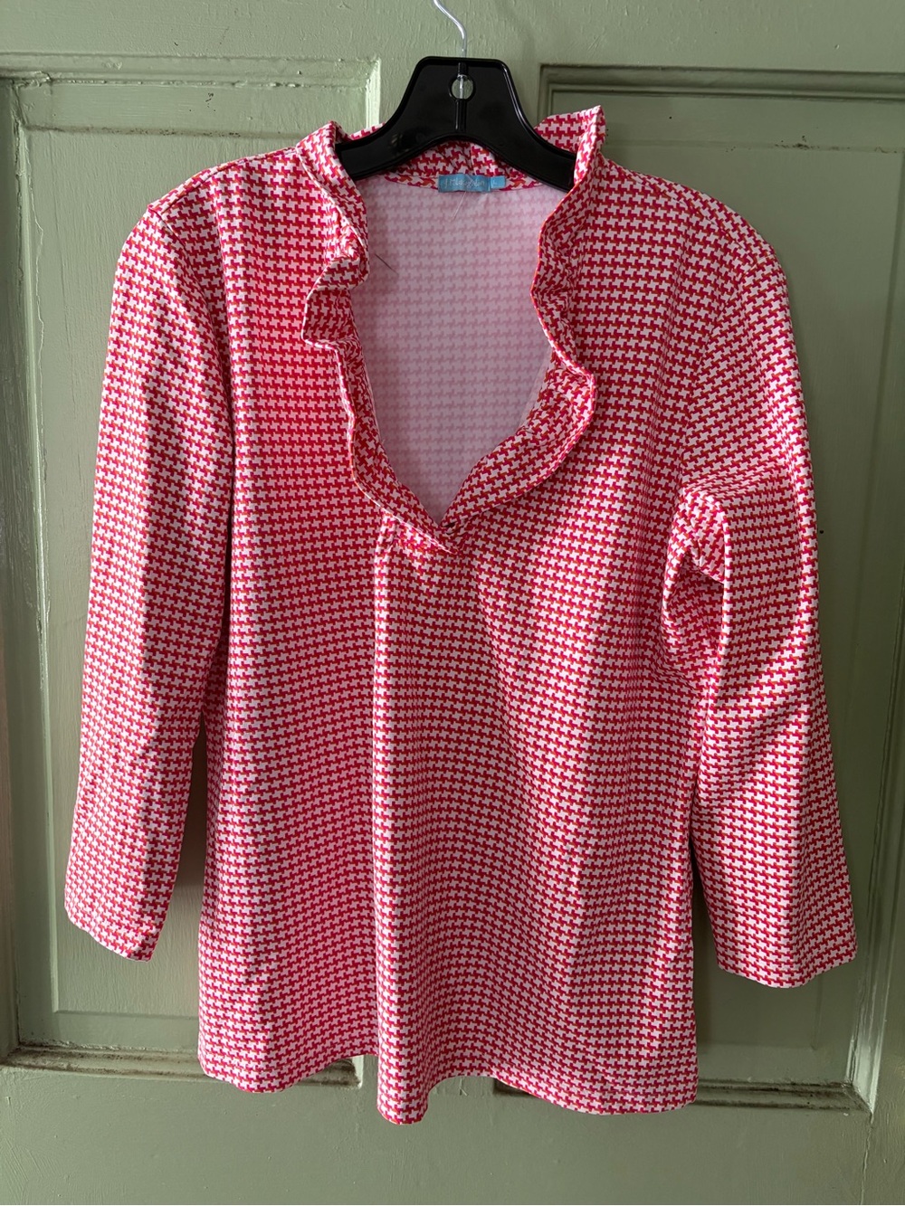 J.McLaughlin Catalina Cloth Durham Ruffle Top in gingham Red white Pattern L